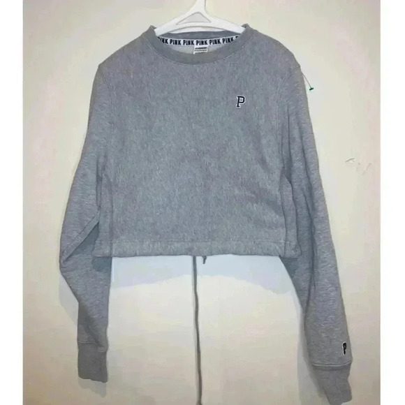 Victoria Secret Pink Grey Cropped Sweater With Elastic Drawstring - Picture 3 of 4